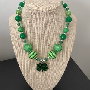 Green Beaded Necklace with Clover Pendant